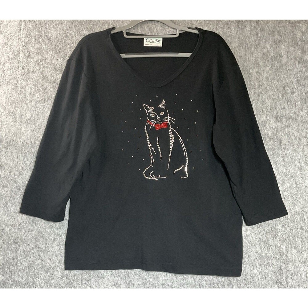 Cactus Bay Shirt Womens Large Black Rhinestone Kitty Cat Mom Top Teacher *